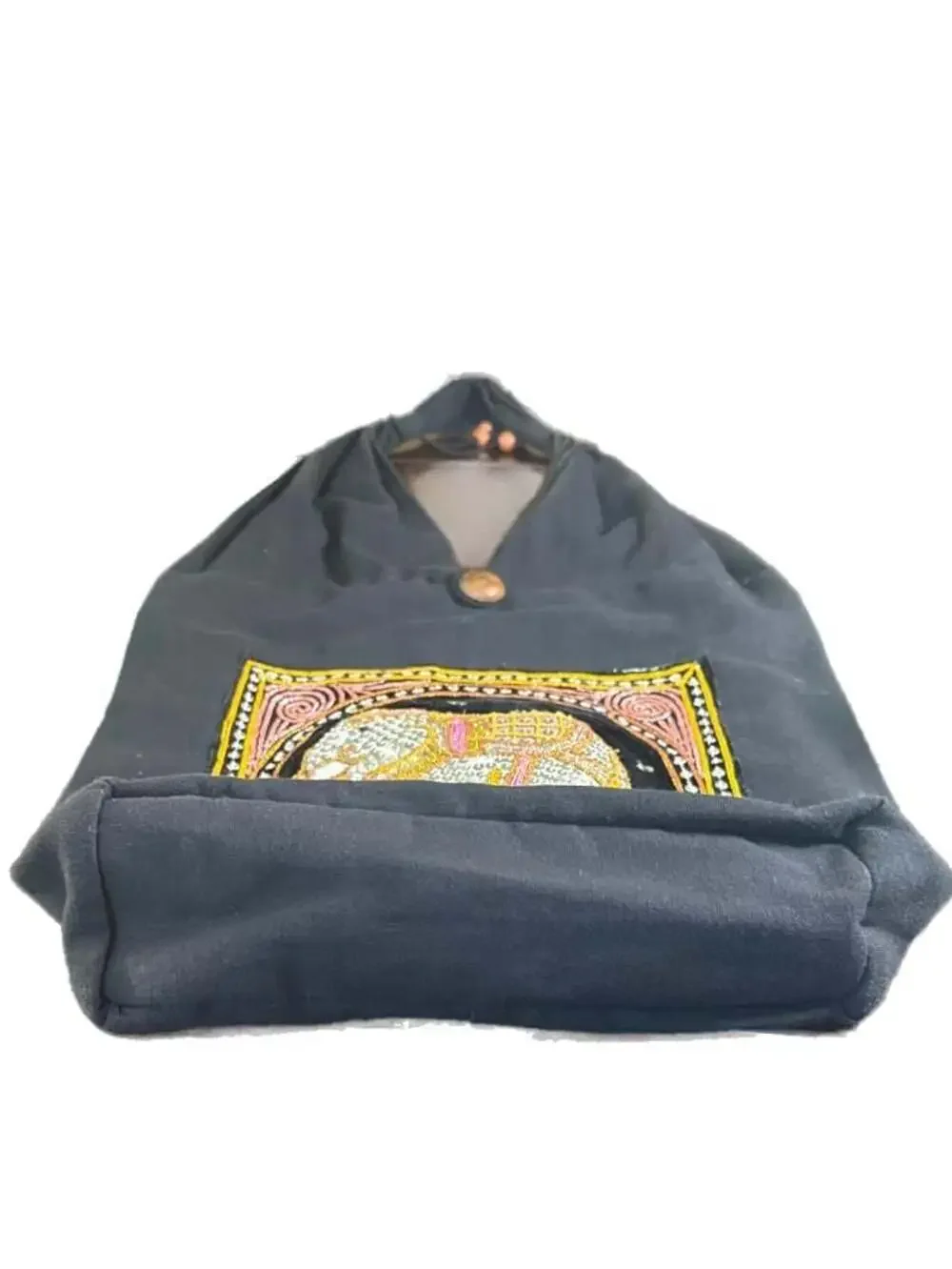 Thai Boho Black Cotton Hobo Bag Embroidered Sequin Elephant